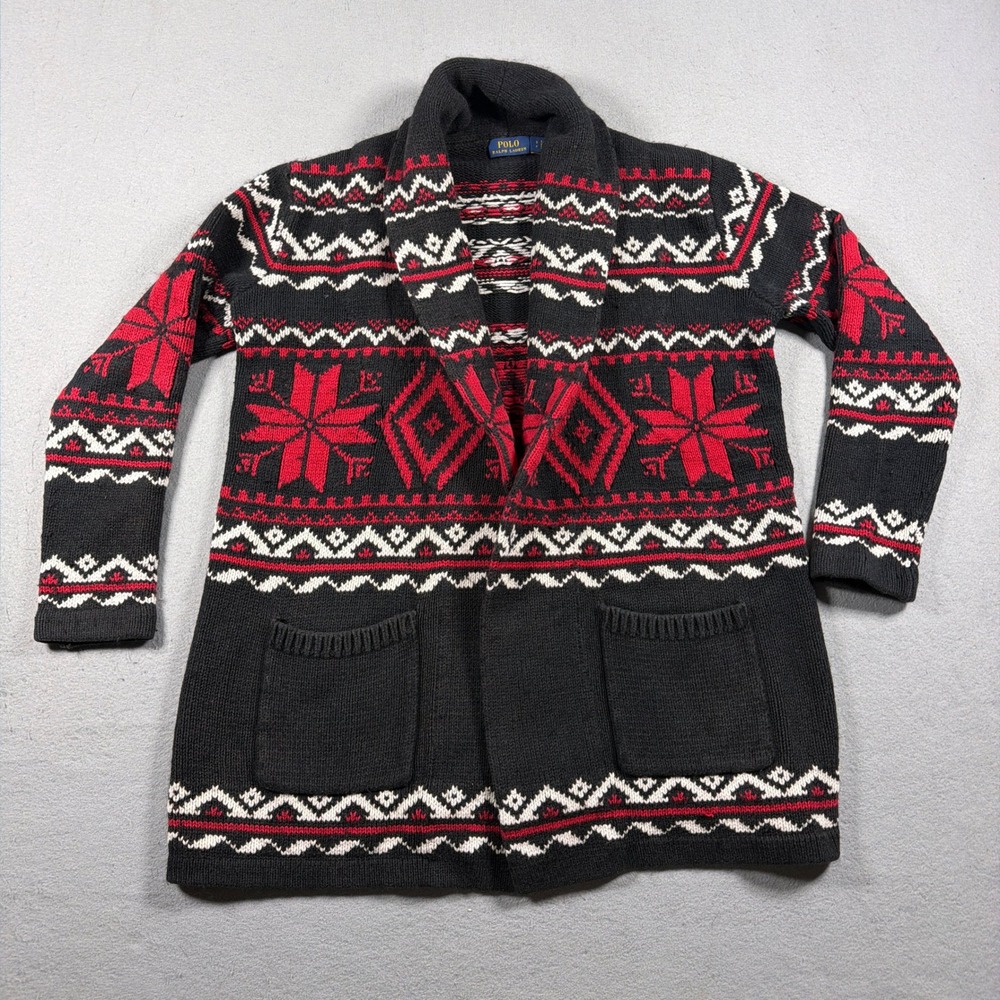 Polo Ralph Lauren Cardigan Women S Fair Isle Black Red‎ Sweater Cotton Cashmere
